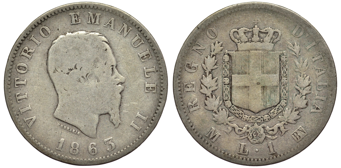 Италия 1 лира 1863 M-BN, Виктор Эммануил II KM 5a.1 серебро 55-124