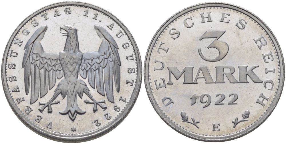 Германия 3 марки 1922 E, третья годовщина Веймарской конституции KM 29, J. 303 алюминий PROOF 00-814-33