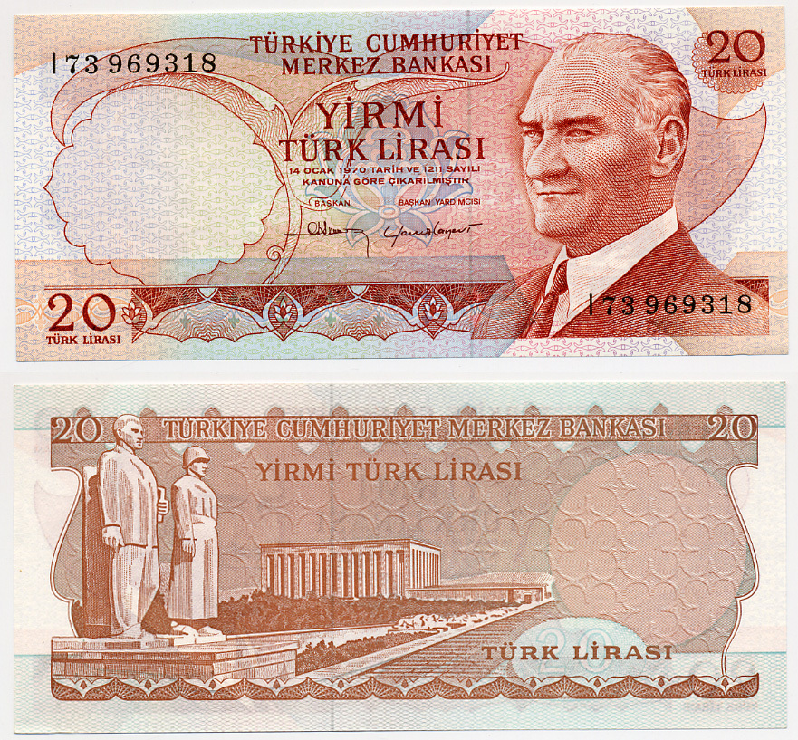 ТУРЦИЯ 20 ЛИР 1974 ПОДПИСЬ КОРИЧНЕВАЯ, ПРЕЗИДЕНТ КЕМАЛЬ АТАТЮРК, МАВЗОЛЕЙ АТАТЮРКА А АНКАРЕ Pick 187b бумага UNC (ПРЕСС) 7485-36-1