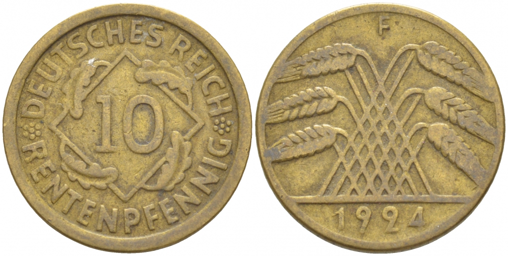 Германия 10 рентенпфеннигов 1924 F KM 33, J. 309, Weege 8 алюминиевая бронза 4539-1016