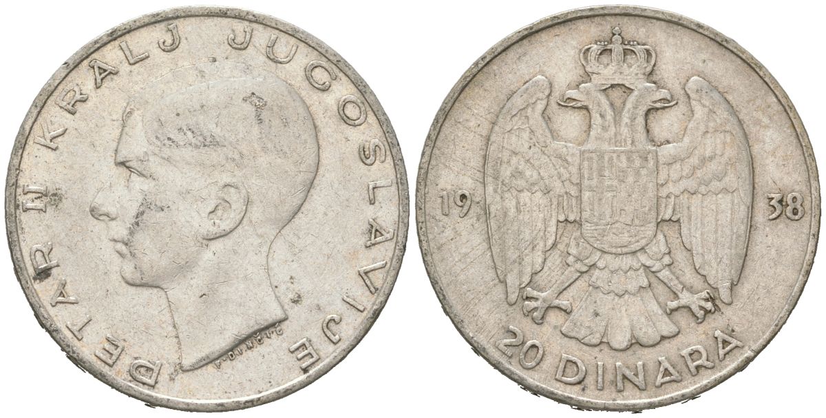 Югославия 20 динаров 1938 Петр II (1934-1945) KM 23 серебро 4182-436