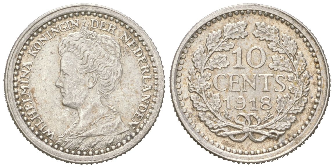 Нидерланды 10 центов 1918 Вильгельмина (1890-1948) KM 145 серебро 4151-748