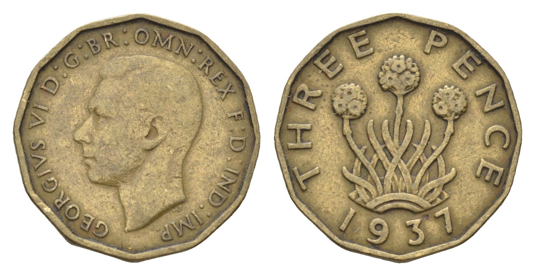 Великобритания 3 пенса 1937 Георг VI (1936-1952) KM 849, Spink 4112 никель латунь    4660-652