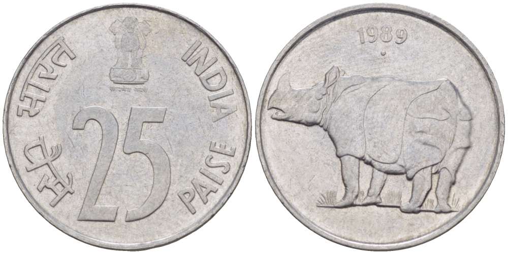 Индия 25 пайсов 1989 точка, носорог KM 54 нержавеющая сталь 100-221