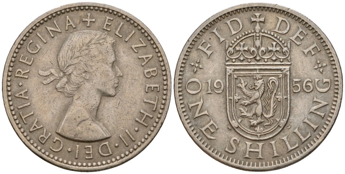 Великобритания 1 шиллинг 1956 Елизавета II (1952-2022), Шотландский герб KM 905, Spink 4148 медно-никель 4601-447