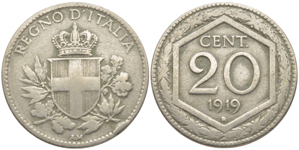ИТАЛИЯ 20 ЧЕНТЕЗИМО 1919 KM 58 медно-никель 3856-915