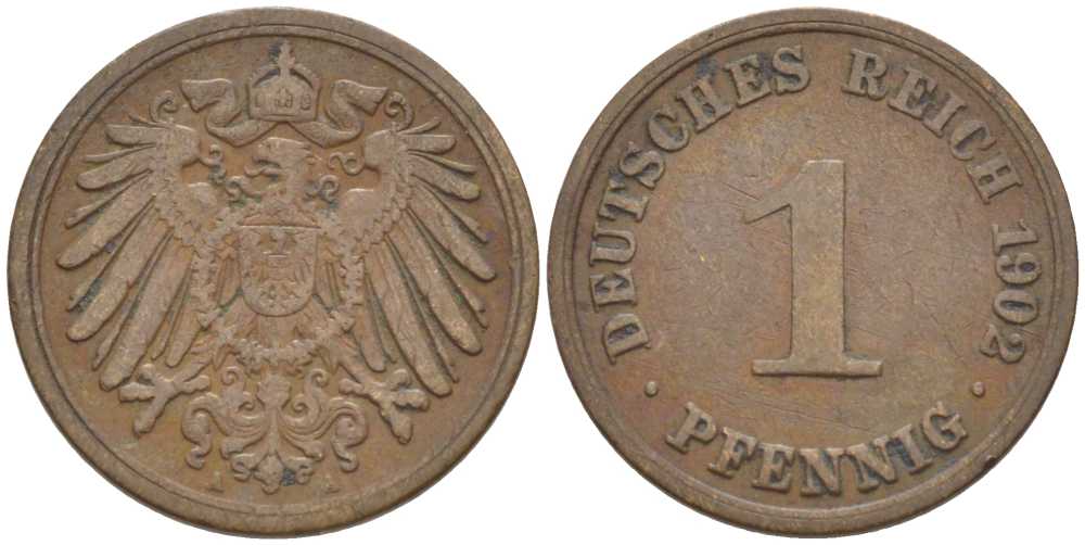 ГЕРМАНИЯ 1 ПФЕННИГ 1902 A KM 10, J. 10, Weege 2 медь 211-264
