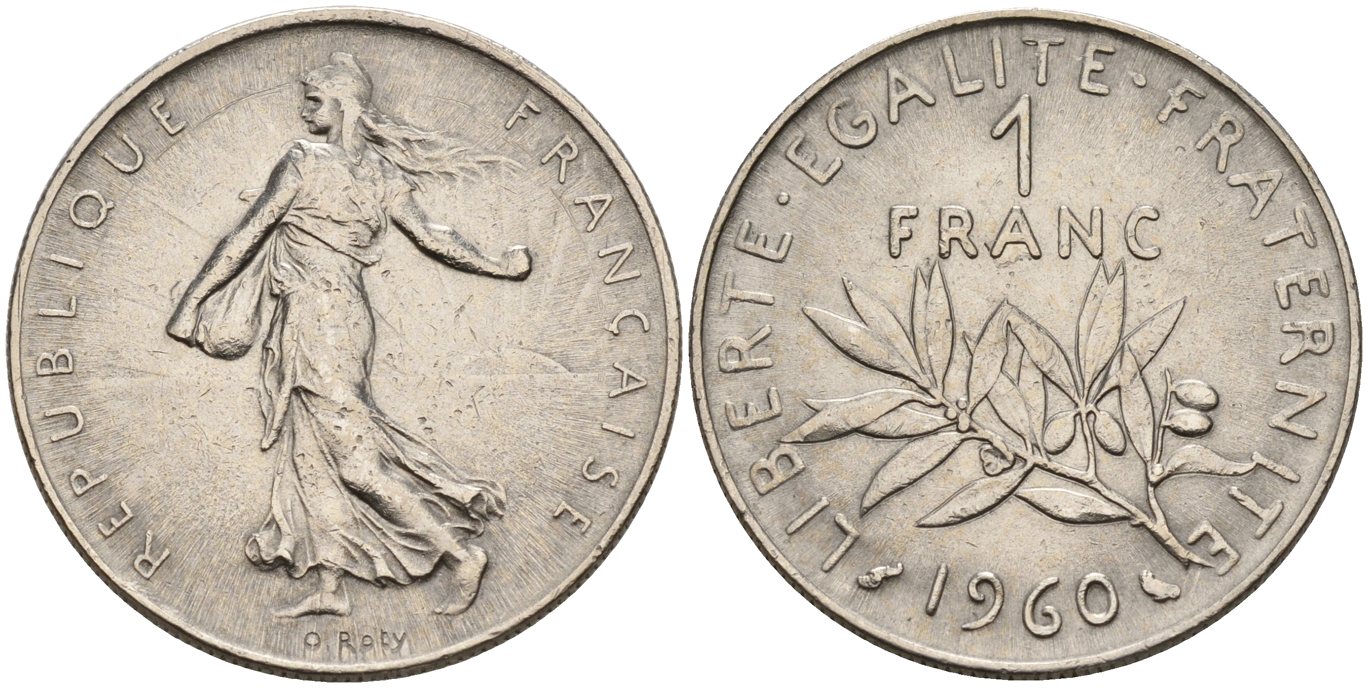 Франция 1 франк 1960 сеятель, первый год KM 925.1 никель    4153-435