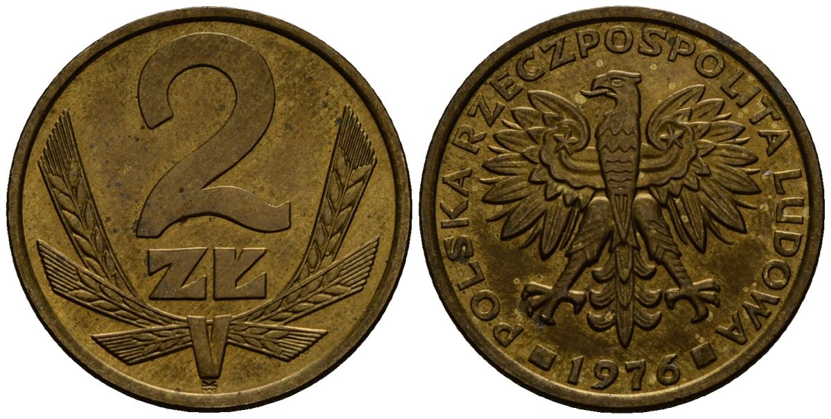 Польша 2 злотых 1976 Ленинградский монетный двор (ЛМД) KM 80.1, Parchimowicz 217b латунь 4177-811