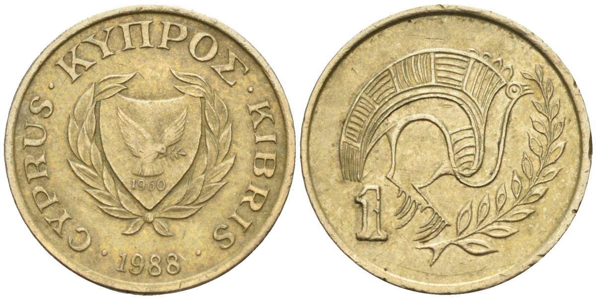 Кипр 1 цент 1988 птичка KM 53.2 никель латунь 4585-1064