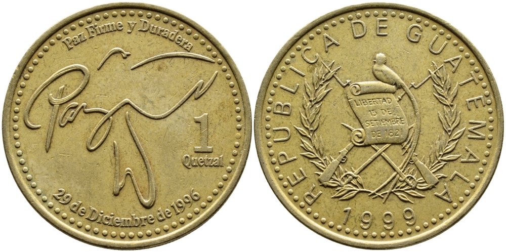 Гватемала 1 кетсаль 1999 KM 284 латунь 4389-433