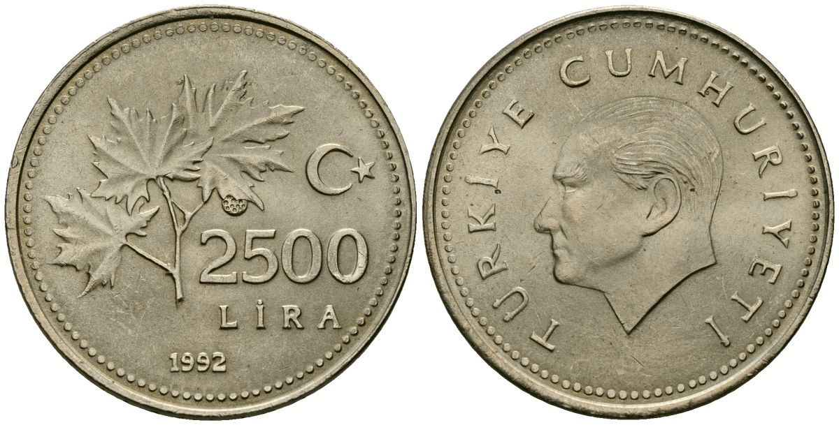 Турция 2500 лир 1992 Кемаль Ататюрк KM 1015 никель бронза 4171-1156