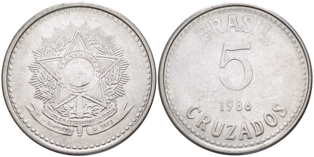 Бразилия 5 крузадо 1986 реформа (1986-1989) KM 606 нержавеющая сталь 28-1237