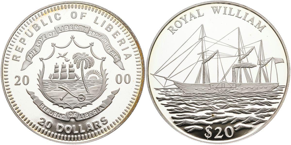 Либерия 20 долларов 2000 парусник "ROYAL WILLIAM" KM 656 серебро PROOF 11-155-11