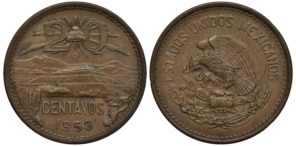 МЕКСИКА 20 СЕНТАВО 1953 ПИРАМИДА СОЛНЦА В ТЕОТИУАКАНЕ KM 439 бронза VF 215-834