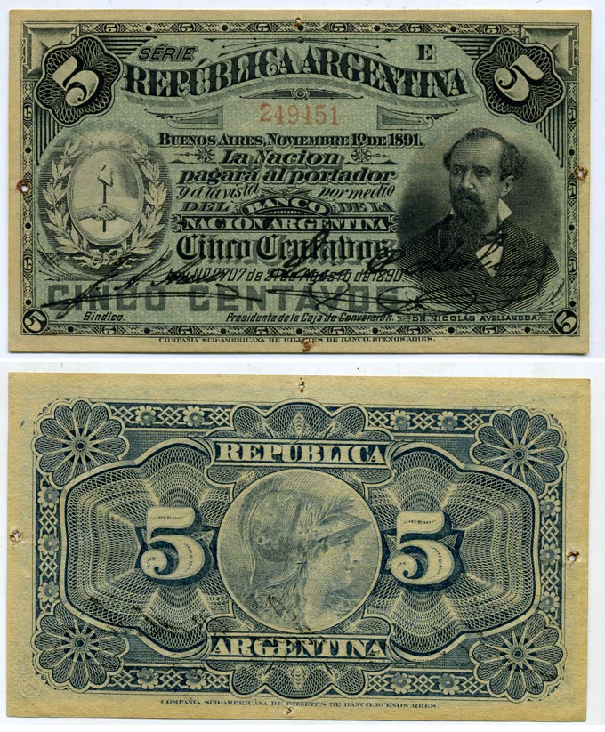 Аргентина 5 сентаво 1890 1 ноября 1891, серия Е, Николас Авельянеда Pick 209 бумага аUNC 451-158-1