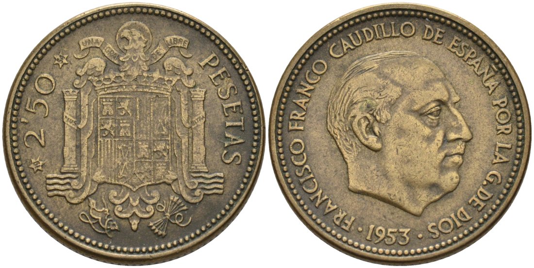 Испания 2,5 песеты 1953 (54) Франсиско Франко (1939-1975) KM 785 алюминиевая бронза 4571-1112