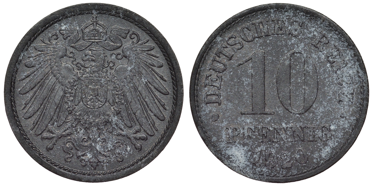 Германия 10 пфеннигов 1920 KM 26, J. 299, Weege 8 цинк 4119-355