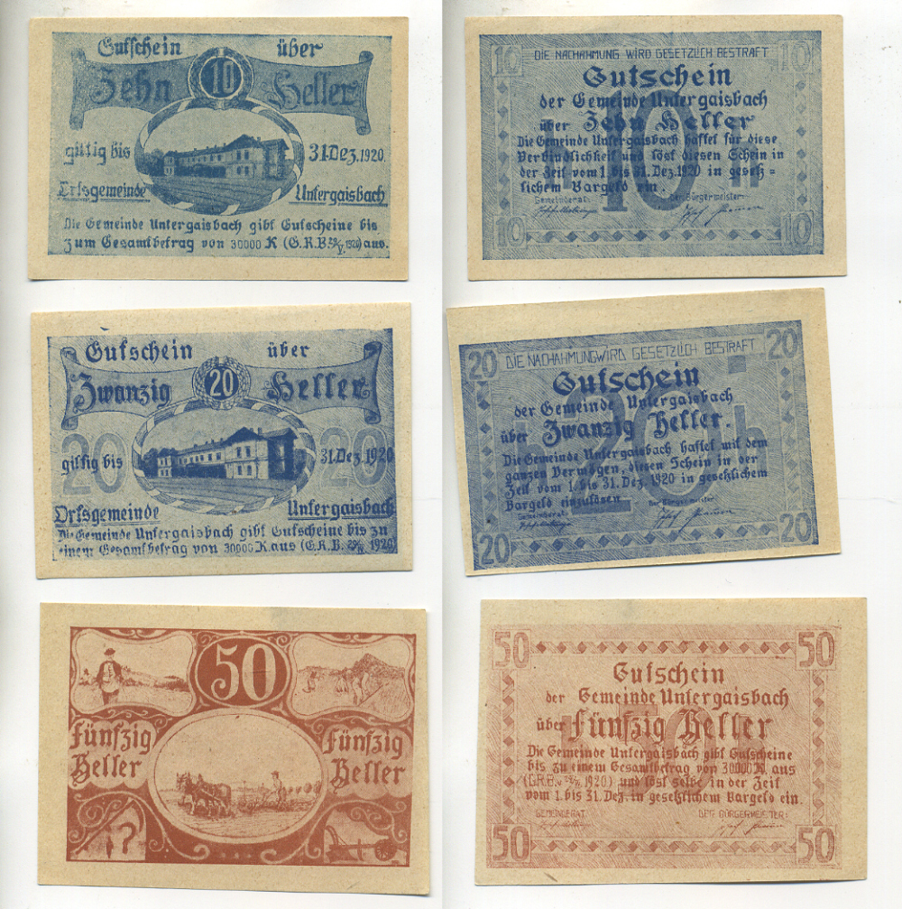 АВСТРИЯ НАБОР ИЗ 3 БАНКНОТ 1920 1 ИЮЛЯ 1920-1 ОКТЯБРЯ 1920, НОТГЕЛЬД, 10, 20, 50 ГЕЛЛЕРОВ, MEIKENBACH un der GRIESTING бумага aUNC 6280-34-3