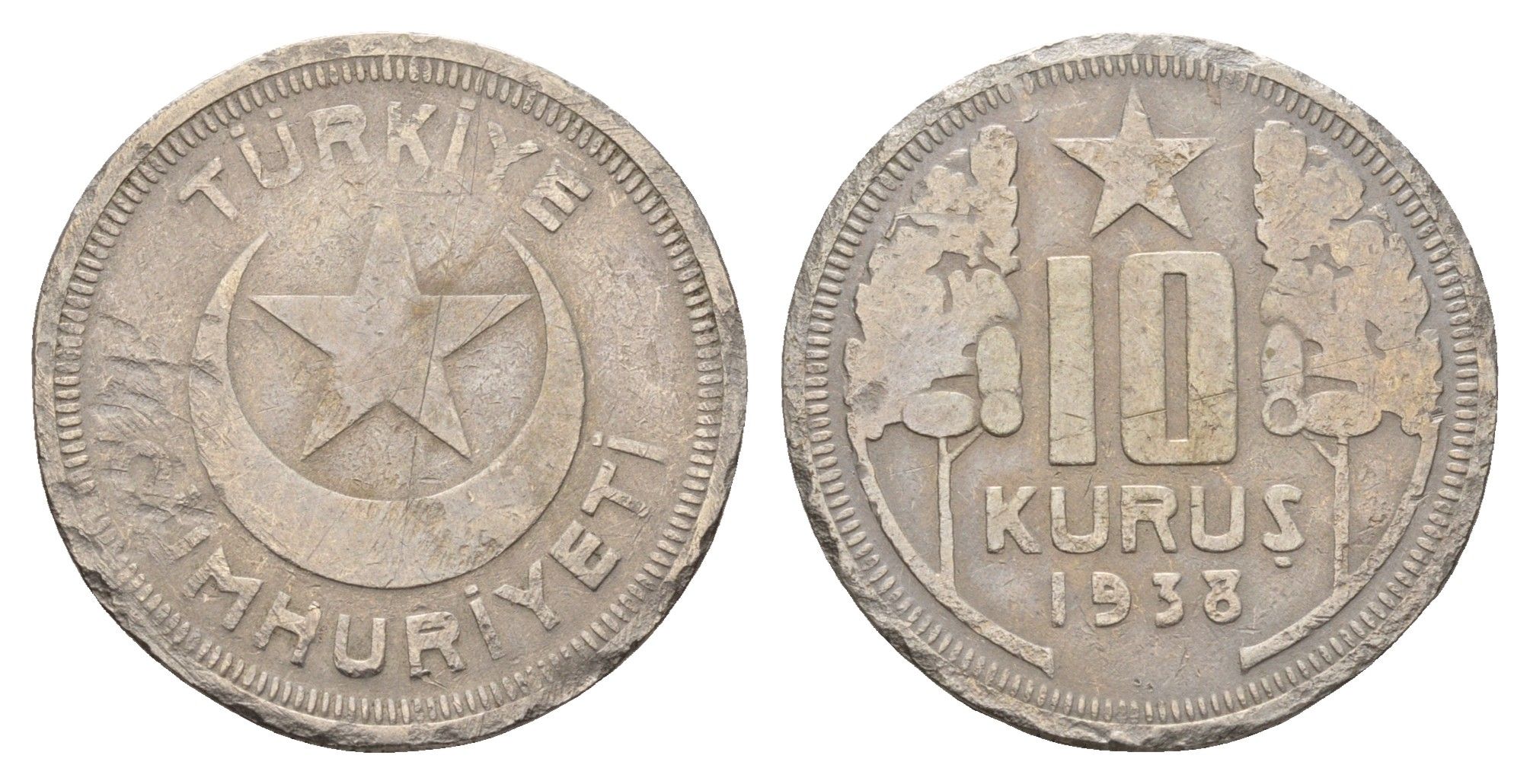 Турция 10 курушей 1938 KM 863 медно-никель 89-1613