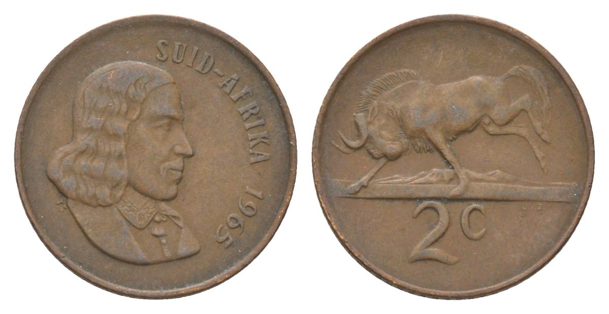 ЮАР 2 цента 1965 Ян ван Рибек (1619-1677), Suid Africa, легенда на африкаанс, антилопа гну KM 66.2 бронза 4627-162