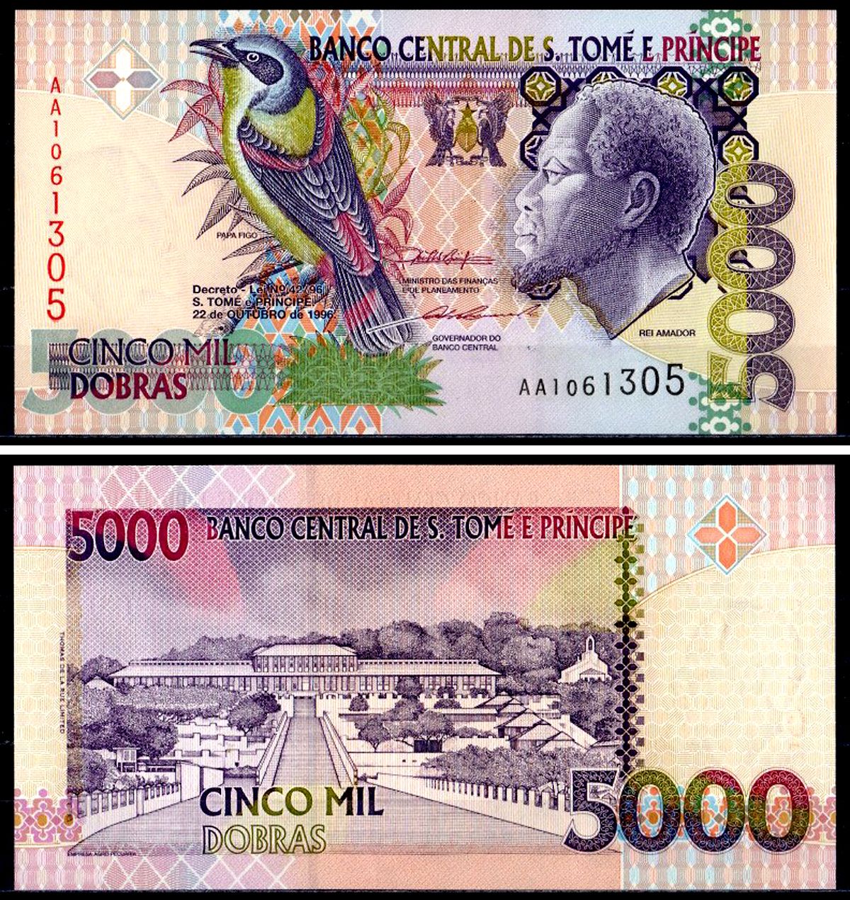 Сан-Томе и Принсипи 5000 добра 1996 Сан-Томе и Принсипи 5000 добра 1996 Король Рей Амадор, ферма, одна защитная нить Pick 65 a бумага UNC (прес) 401-63-1-1