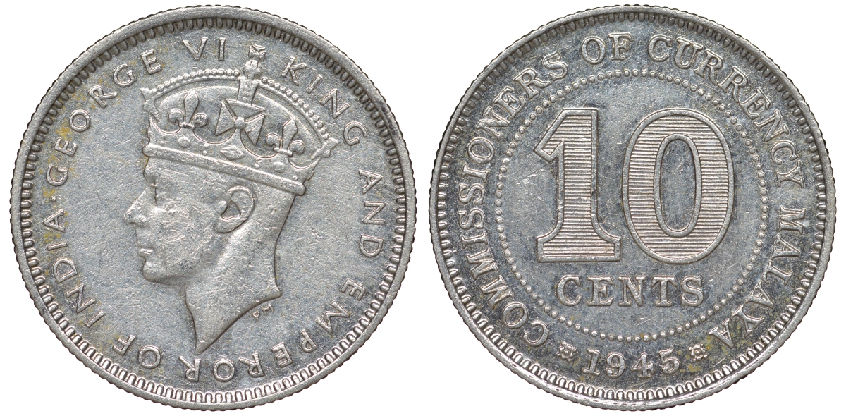 Британская Малайя 10 центов 1945 Георг VI (1937-1952) KM 4a серебро 53-263