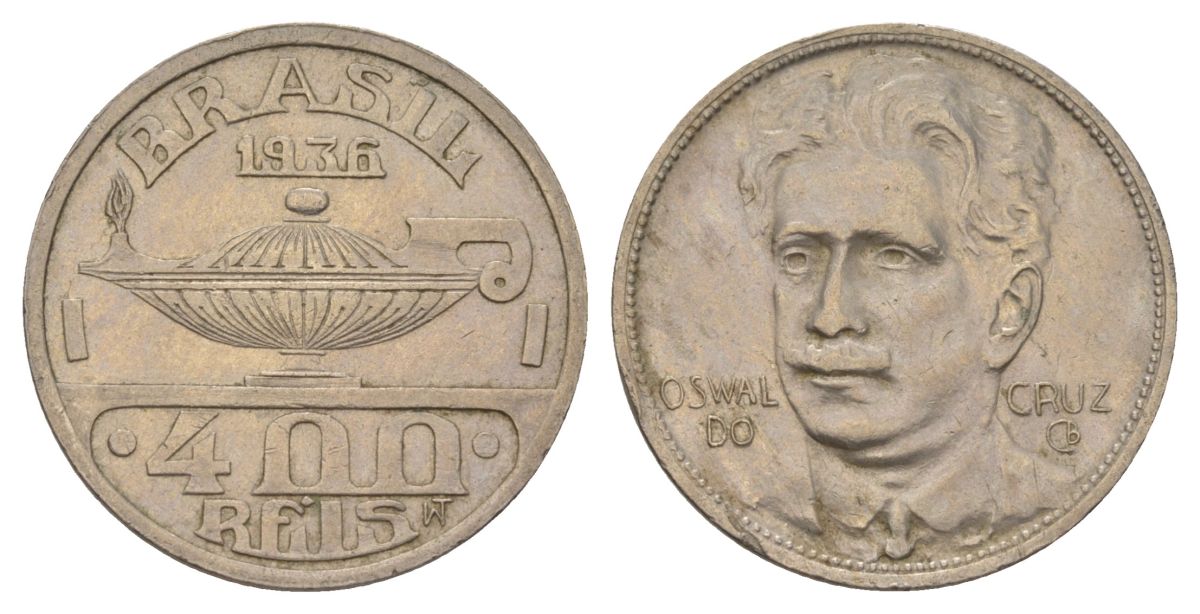 Бразилия 400 реалов 1936 Освалду Крус KM 539 медно-никель 4624-1224