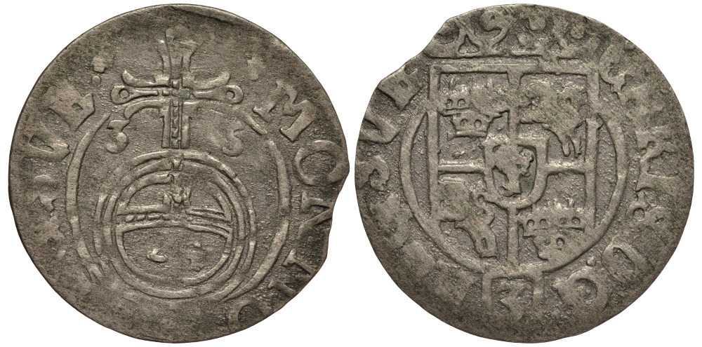 Польша, Эльблонг 1/24 талера (полторак) 1635 Кристина, Шведская оккупация, вес 0,88 гр. KM 43 серебро 1516-1223