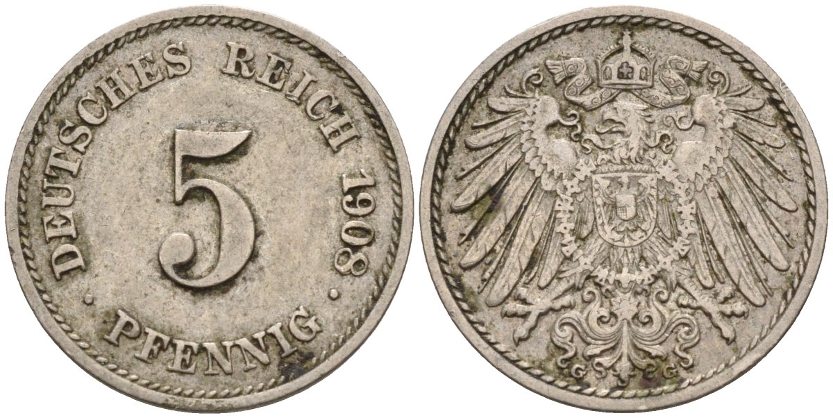 Германия 5 пфеннигов 1908 A KM 11, Jager 12, Weege 6 медно-никель 4151-465