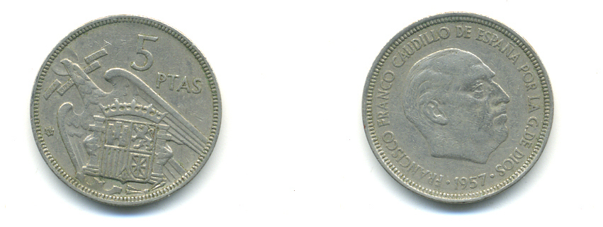 ИСПАНИЯ 5 ПЕСЕТ 1957 (60) ФРАНСИСКО ФРАНКО ДИКТАТОР ИСПАНИИ (1939-1975) KM 786 медно-никель 83-245