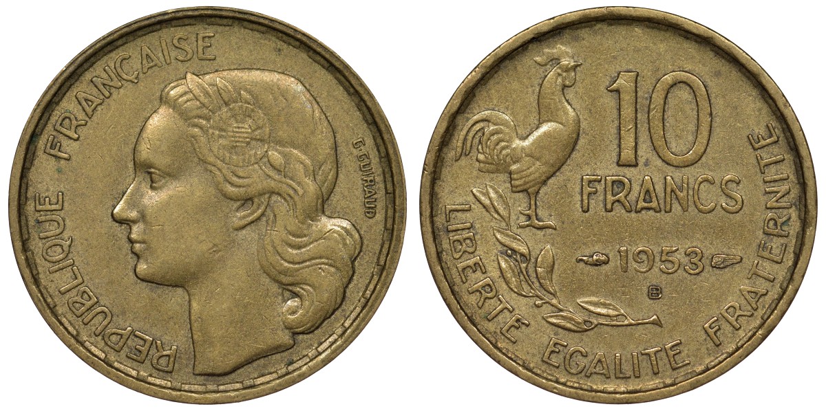Франция 10 франков 1953 В, петух KM 915.2, Le Franc 363.9 алюминиевая бронза 4128-455