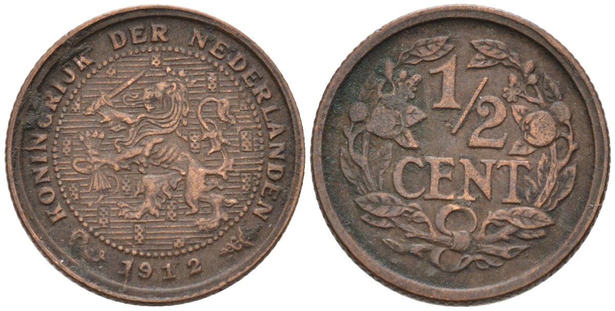 Нидерланды 1/2 цента 1912 Вильгельмина (1890-1948) KM 138 бронза 4576-349