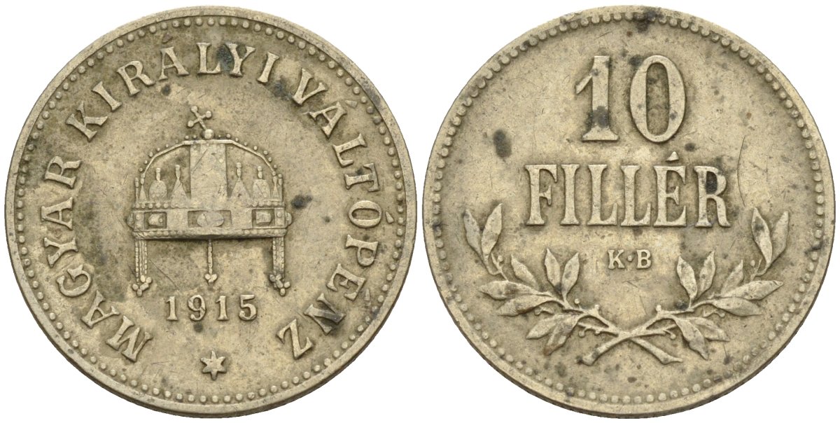 Венгрия 10 филлеров 1915 KB, Франц Иосиф I (1848-1916) KM 494 медь никель цинк 4151-1126