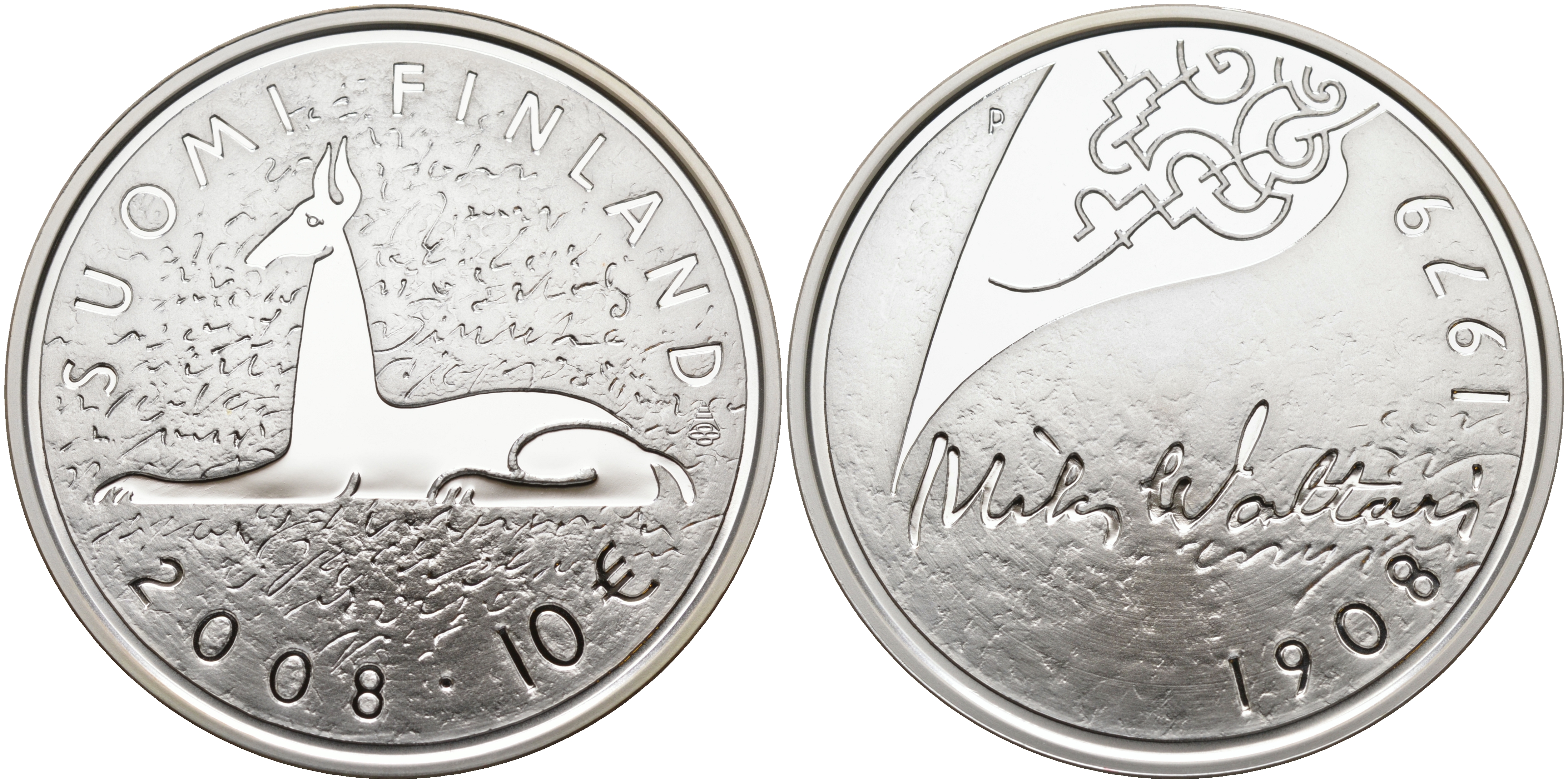 Финляндия 10 евро 2008 Мика Валтари, писатель KM 142 серебро  PROOF 11-114-23