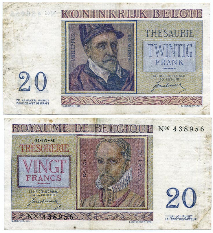 Бельгия 20 франков 1950 Орландо ди Лассо, Филипп де Монте Pick 132 a бумага 8611-49-2-1
