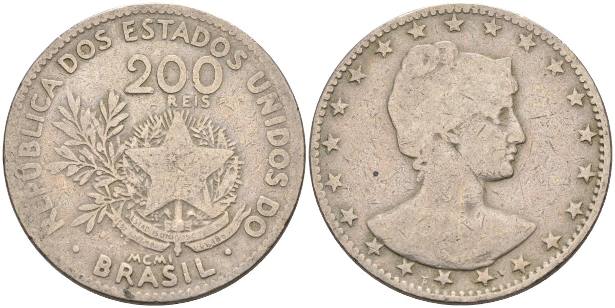 Бразилия 200 рейс 1901 голова свободы вправо KM 504 медно-никель 4589-1113