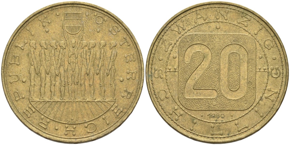 Австрия 20 шиллингов 1980 девять провинций Австрии KM 2946 алюминиевая бронза 189-1216