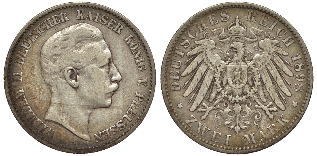 Пруссия 2 марки 1898 A, Вильгельм II (1888-1918) J.102, Weege 101, KM 522 серебро 02-014-22