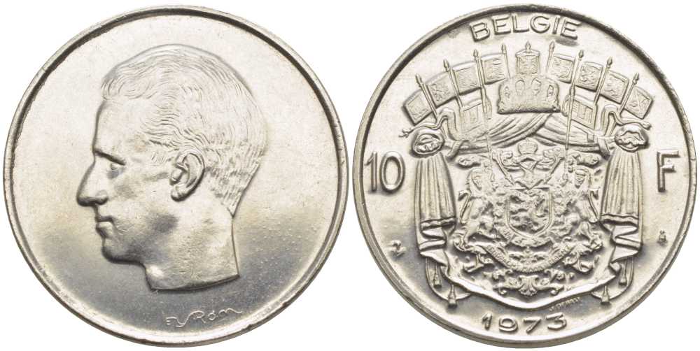 БЕЛЬГИЯ 10 ФРАНКОВ 1973 BELGIE, БОДУЭН I (1951-1993) KM 156.1 никель 115-643