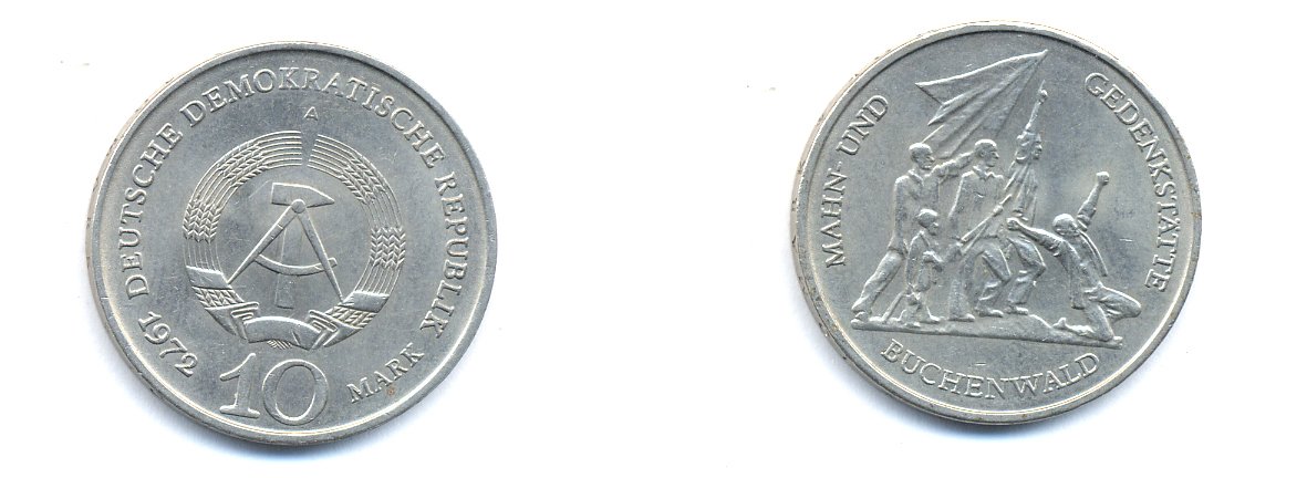 ГДР 10 марок 1972 A, мемориал Бухенвальда KM 38, J. 1539 медно-никель 54-2533