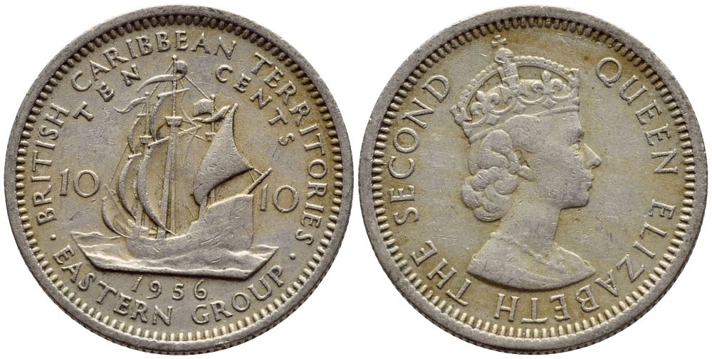 Британские Восточно-Карибские территории 10 центов 1956 Елизавета II (1952-2022), парусник KM 5 медно-никель 4387-557