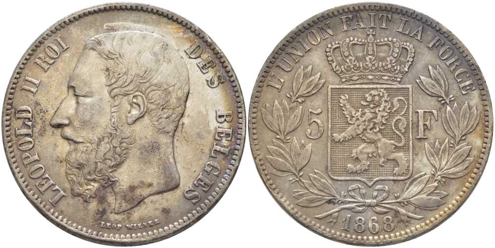 Бельгия 5 франков 1868 Леопольд II (1865-1909), ПОЗИЦИЯ А KM 24 серебро 5010-833
