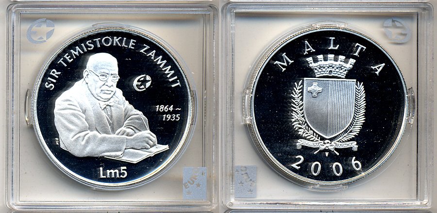 Мальта 5 лир 2006 Темистоклес Заммит (Сэр Теми Заммит), археолог, историк, писатель, профессор химии и врач KM 138 серебро PROOF 5-3-1-32