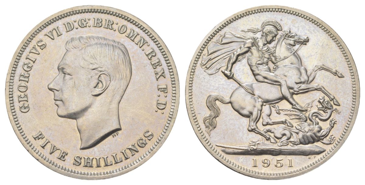 Великобритания 1 крона (5 шиллингов) 1951 Георг VI (1936-1952), фестиваль Британии, Георгий Победоносец KM 880, Spink 4111 медно-никель UNC 00-1067-7-52