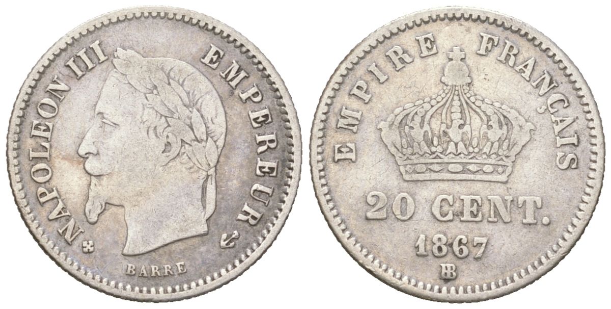 Франция 20 сантимов 1867 BB, Наполеон III (1852-1870) KM 808.2 серебро 4617-743