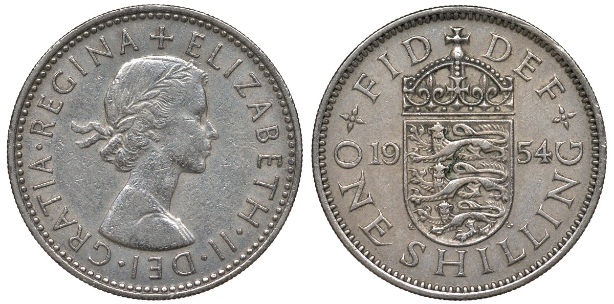 Великобритания 1 шиллинг 1954 Елизавета II (1952-2022), Английский герб KM 904, Spink 4147 медно-никель 4122-1032