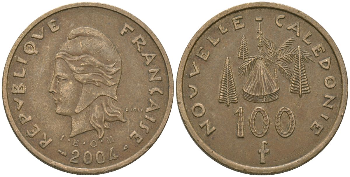 Французская Новая Каледония 100 франков 2004 хижина среди сосен и пальм, (IEOM) KM 15, Schoen 16, Lec 139h никель бронза 111-423