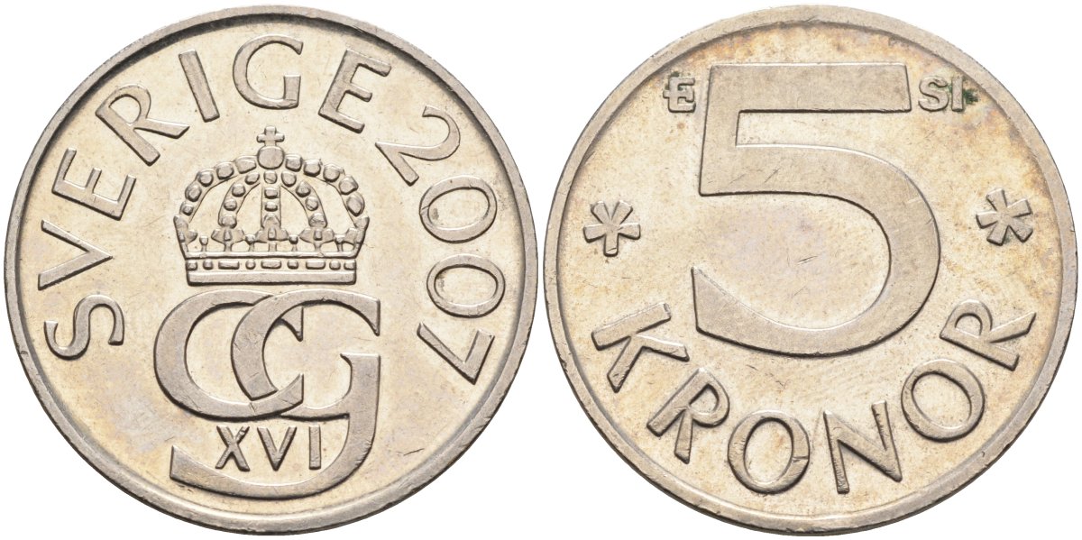 Швеция 5 крон 2007 H, Карл XVI Густав (1973- ) KM 853a никель плакированная медно-никелем 4367-1144