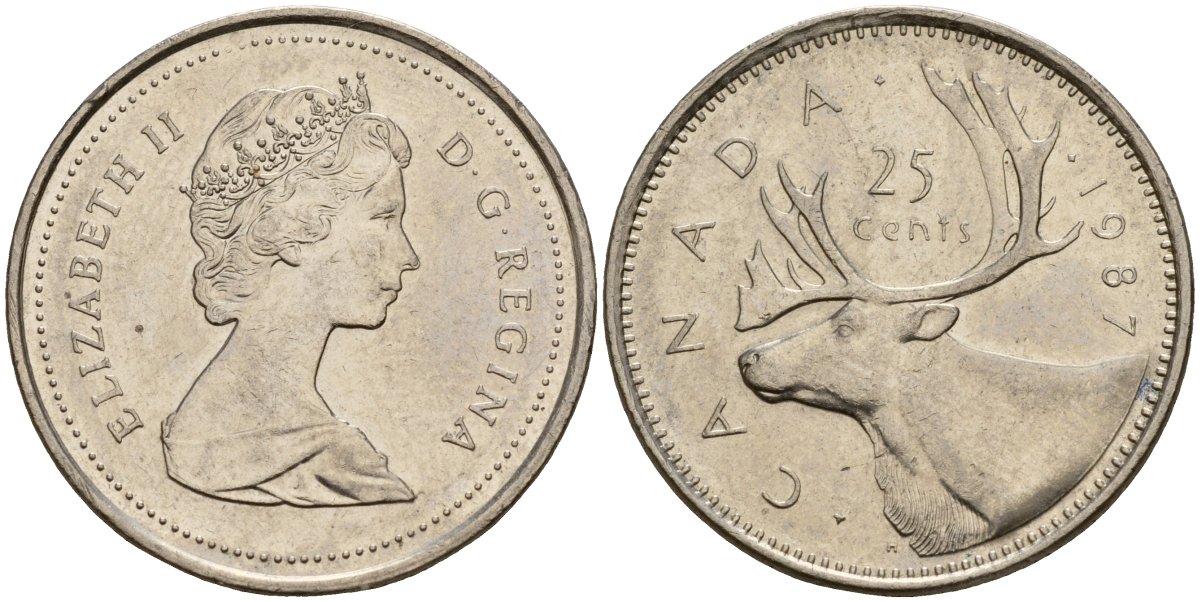 Канада 25 центов 1982 Елизавета II (1952-2022), олень карибу, второй портрет в короне KM 74 никель 4187-1142